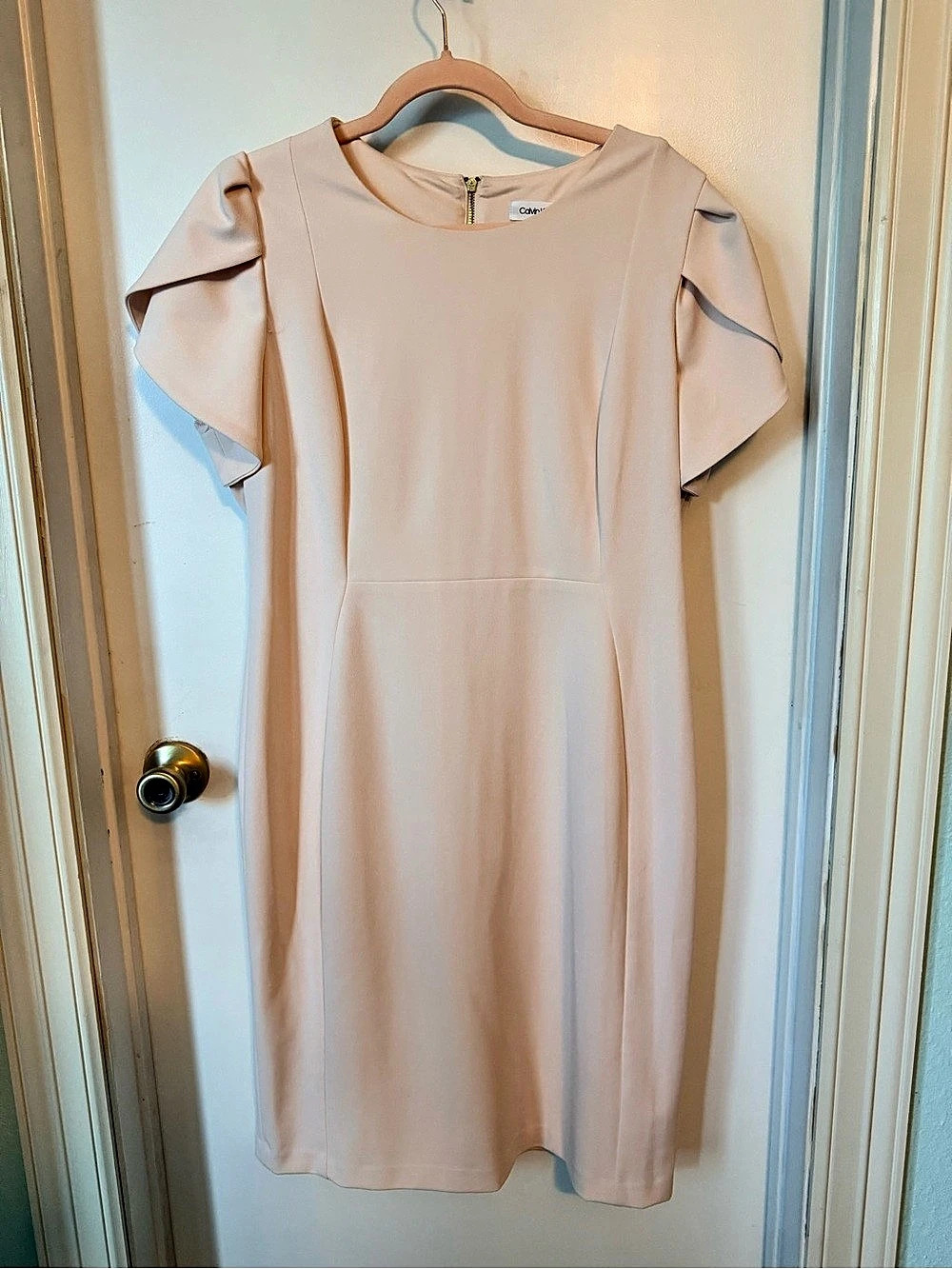 Calvin Klein Flutter Sleeve Scuba Crepe Sheath Dress Pink Size 16